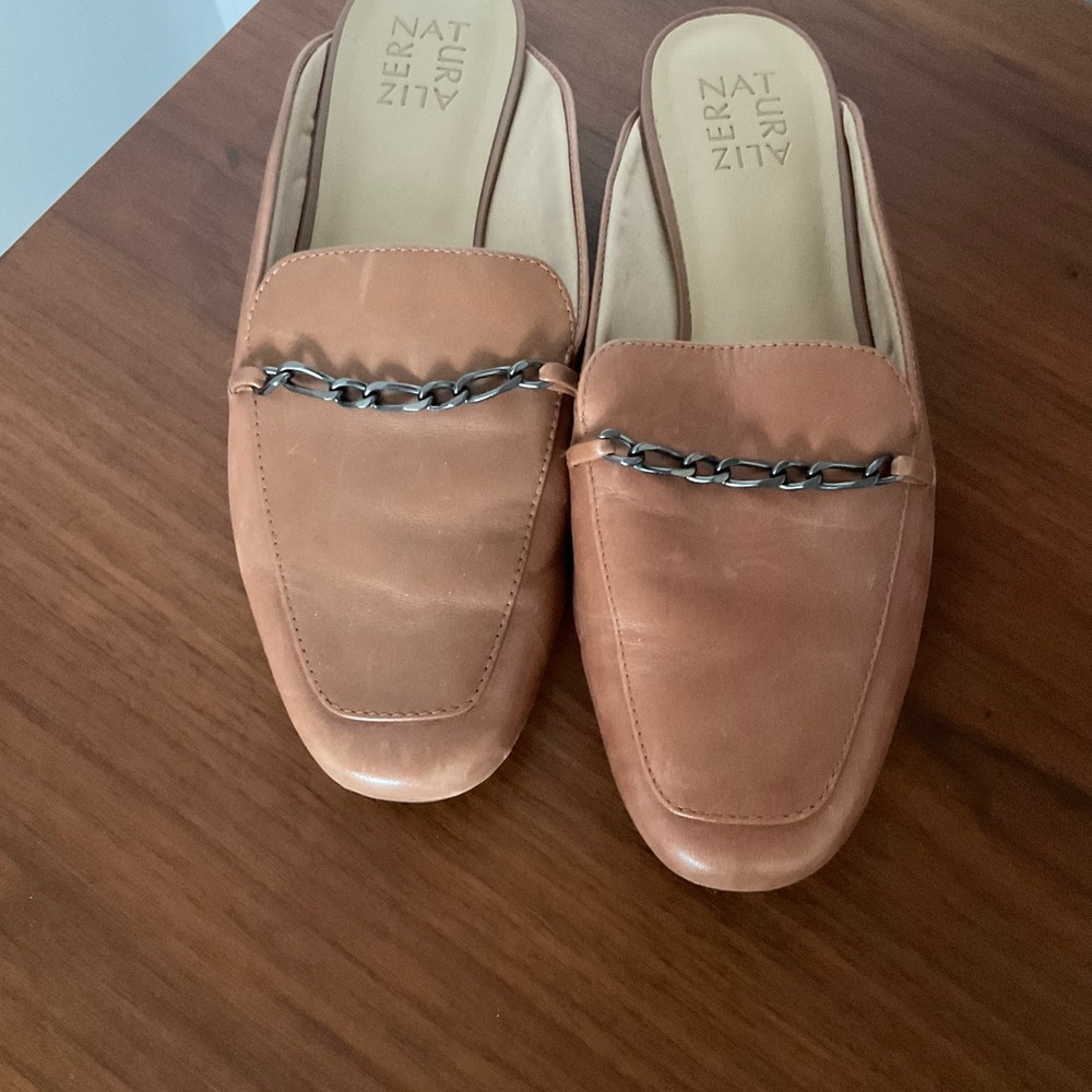 Naturalizer Tan Leather Mules with Chain Detail
